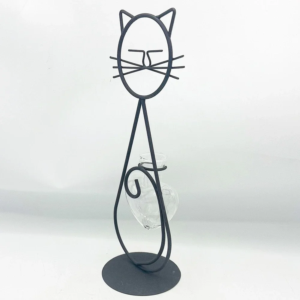 Black Metal Cat Holding Heart‎ Shaped Small Bud Vase